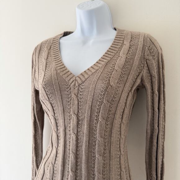 Beige Cable Knit Sweater V Neck Fitted Long Sleeve Cotton Ribbed Y2K Preppy XS - Picture 3 of 11